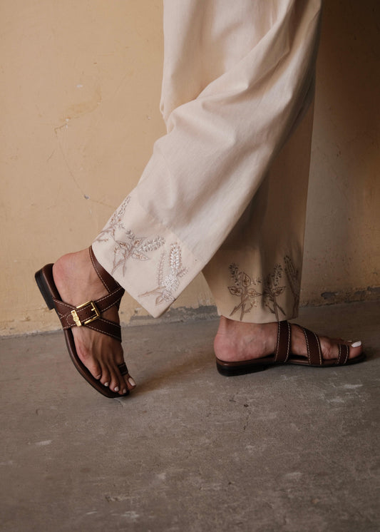 Cream (Greige) Urmul Handloom Cotton Salwar With Beige Brown Floral Embroidery