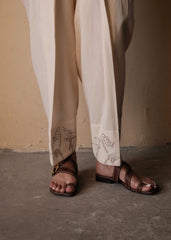 Cream (Greige) Urmul Handloom Cotton Salwar With Beige Brown Floral Embroidery