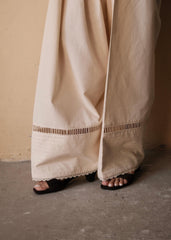 Cream (Greige) Urmul Handloom Cotton Farshi with Fagoting Ladder lace and Dori Stitch Lines