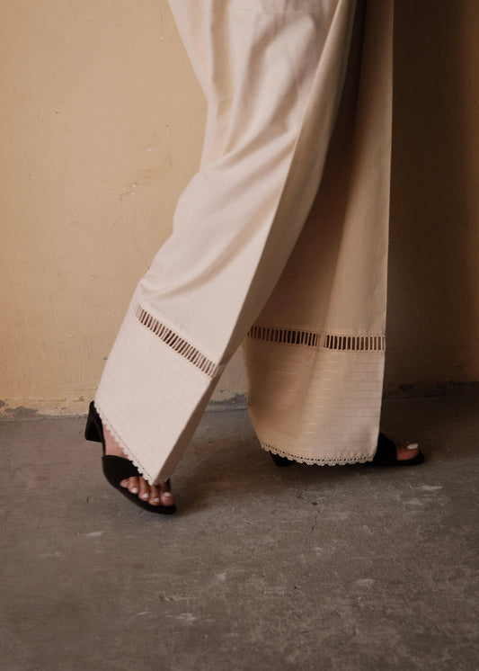 Cream (Greige) Urmul Handloom Cotton Farshi with Fagoting Ladder lace and Dori Stitch Lines