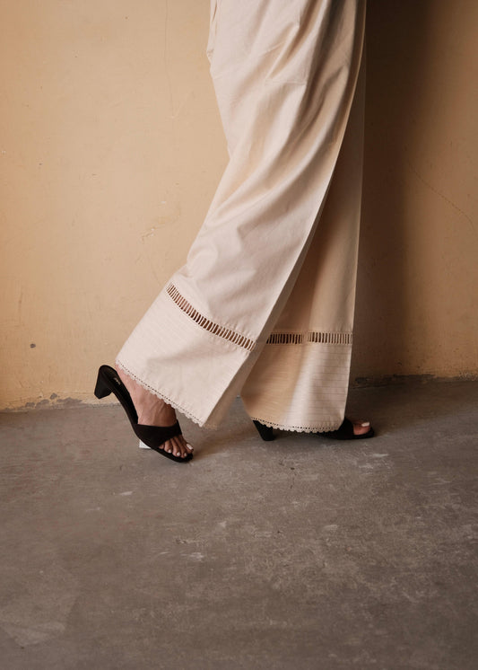 Cream (Greige) Urmul Handloom Cotton Farshi with Fagoting Ladder lace and Dori Stitch Lines