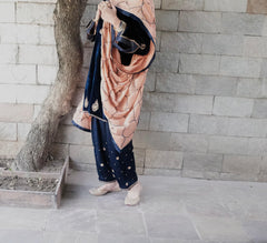 Cobalt blue velvet short kurta with satin salwar and peach silk dupatta