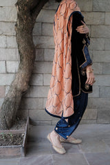 Cobalt blue velvet short kurta with satin salwar and peach silk dupatta