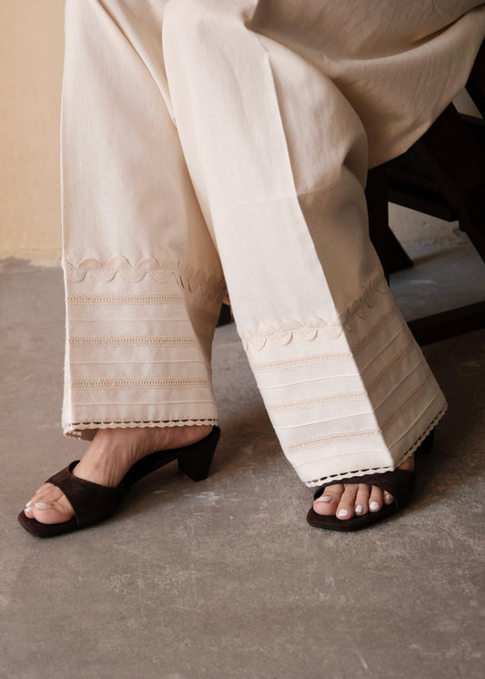Cream (Greige) Urmul Handloom Cotton Farshi with Corded Wave Lace and Pintucks Detail