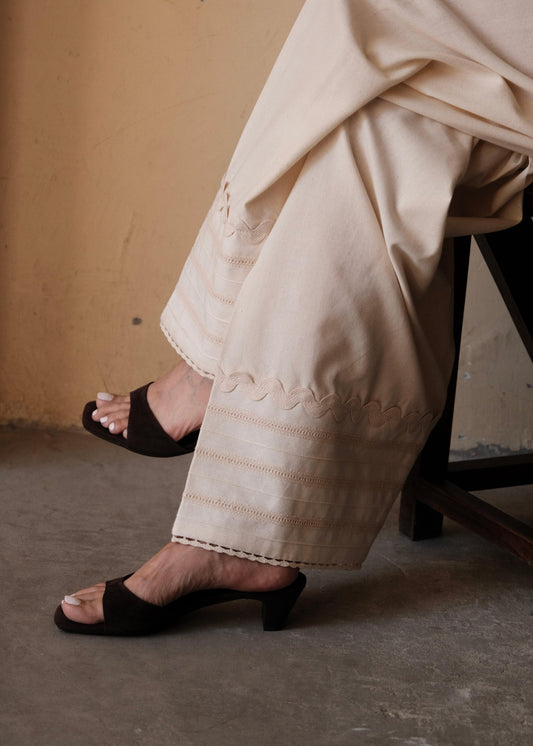 Cream (Greige) Urmul Handloom Cotton Farshi with Corded Wave Lace and Pintucks Detail