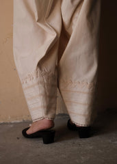Cream (Greige) Urmul Handloom Cotton Farshi with Corded Wave Lace and Pintucks Detail