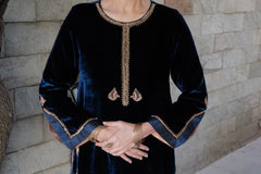 Cobalt blue velvet short kurta with satin salwar and peach silk dupatta