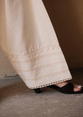 Cream (Greige) Urmul Handloom Cotton Farshi with Corded Wave Lace and Pintucks Detail