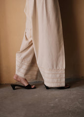 Cream (Greige) Urmul Handloom Cotton Farshi with Corded Wave Lace and Pintucks Detail