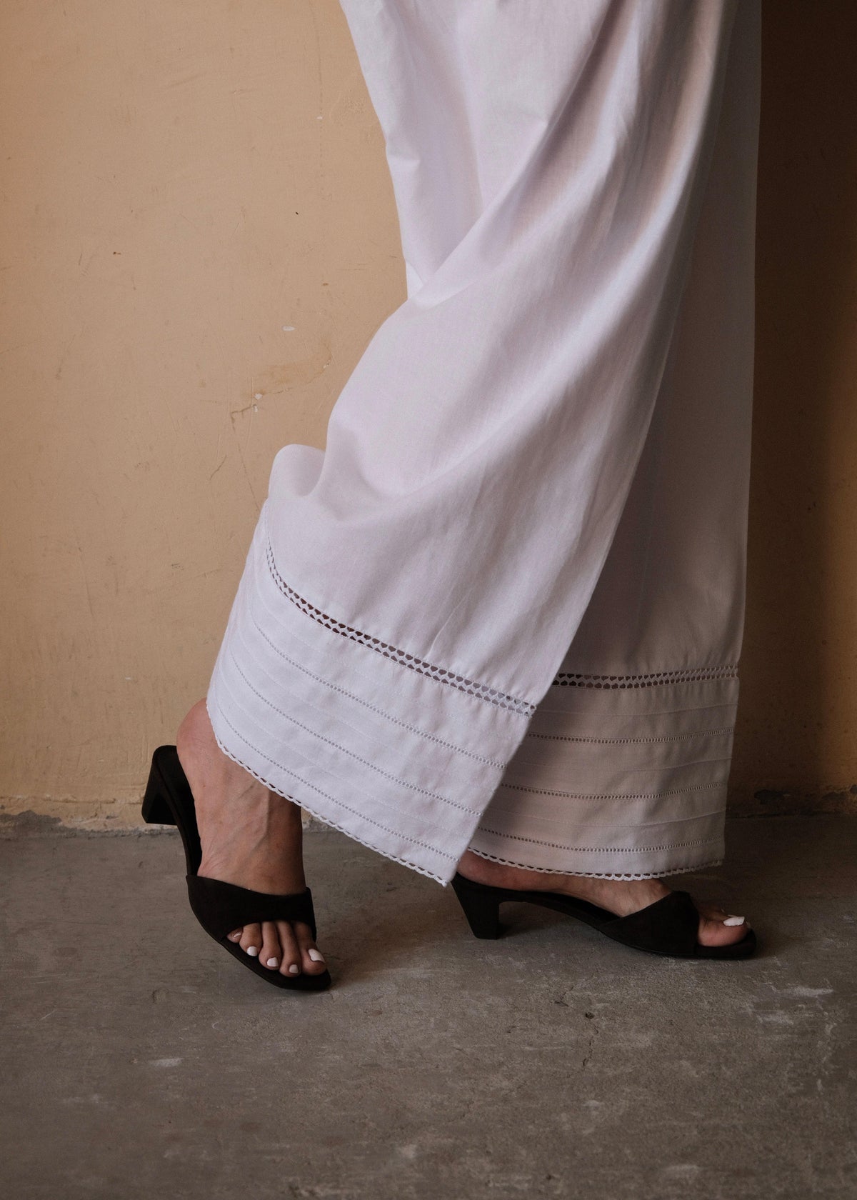 White Urmul Handloom Cotton Farshi with Fagoting Lace and Pintucks Detail