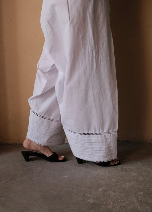 White Urmul Handloom Cotton Farshi with Fagoting Lace and Pintucks Detail