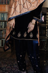 Cobalt blue velvet short kurta with satin salwar and peach silk dupatta