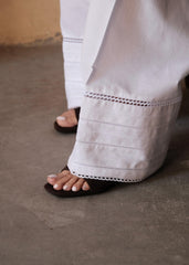 White Urmul Handloom Cotton Farshi with Fagoting Lace and Pintucks Detail