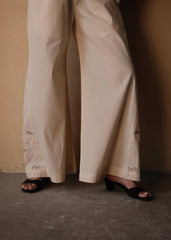 Cream (Greige) Cotton Flared Pants with Lace and Bird Embroidery Godet