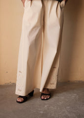 Cream (Greige) Cotton Flared Pants with Lace and Bird Embroidery Godet