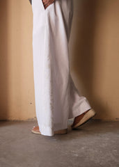 White Handloom Cotton Flared Pants with Floral Dori Embroidery Godet