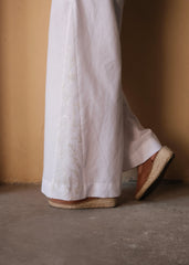 White Handloom Cotton Flared Pants with Floral Dori Embroidery Godet
