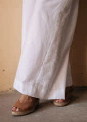 White Handloom Cotton Flared Pants with Floral Dori Embroidery Godet