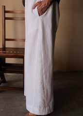 White Handloom Cotton Flared Pants with Floral Dori Embroidery Godet