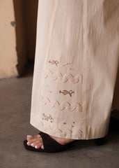Cream (Greige) Cotton Flared Pants with Lace and Bird Embroidery Godet