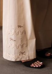 Cream (Greige) Cotton Flared Pants with Lace and Bird Embroidery Godet