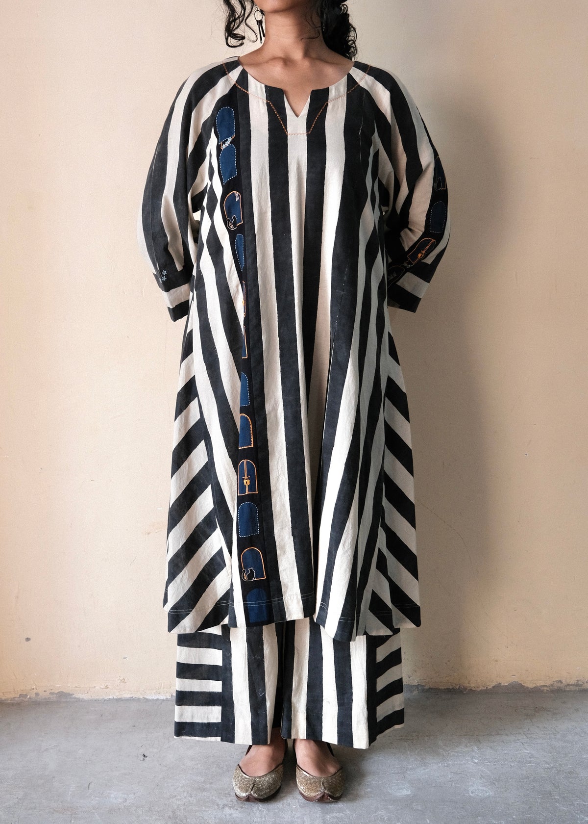Black cream ajrakh striped print anti fit co ord set with window detail