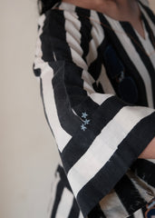 Black cream ajrakh striped print anti fit co ord set with window detail