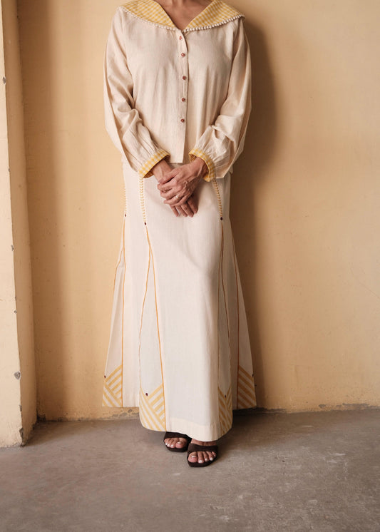 Cream Panelled Skirt with Yellow Stripe & Embroidery