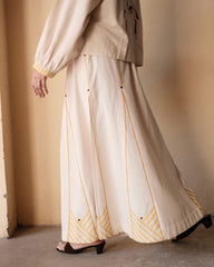 Cream Panelled Skirt with Yellow Stripe & Embroidery