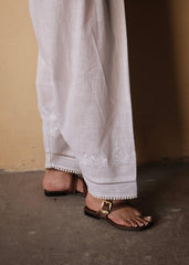 White Slub Cotton Salwar with Anchor Embroidery, Pintucks and Lace Detail