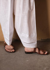 White Slub Cotton Salwar with Anchor Embroidery, Pintucks and Lace Detail