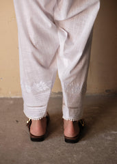 White Slub Cotton Salwar with Anchor Embroidery, Pintucks and Lace Detail