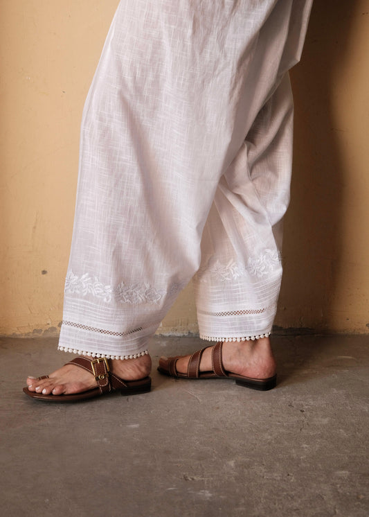White Slub Cotton Salwar with Anchor Embroidery, Pintucks and Lace Detail