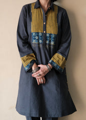 Airforce blue Bhuj cotton co ord set with ajrakh yoke and side buttons