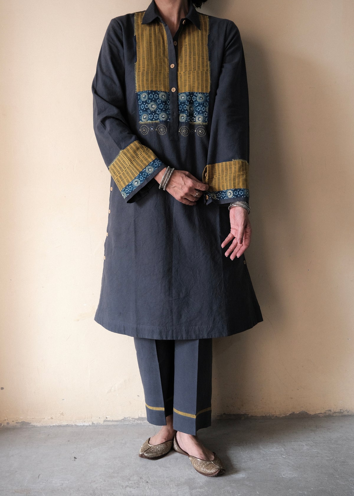Airforce blue Bhuj cotton co ord set with ajrakh yoke and side buttons
