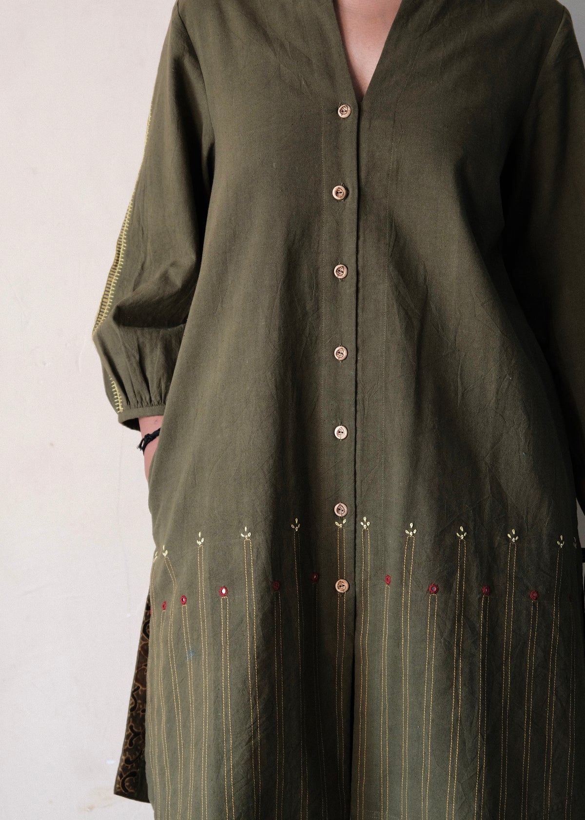 Mehndi green Bhuj cotton co ord set with stitch lines