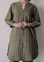Mehndi green Bhuj cotton co ord set with stitch lines