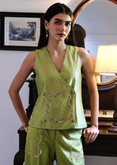 Sap green striped chanderi double breasted waistcoat and wide pants with delicate floral bels embroidery