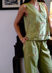 Sap green striped chanderi double breasted waistcoat and wide pants with delicate floral bels embroidery