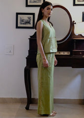 Sap green striped chanderi double breasted waistcoat and wide pants with delicate floral bels embroidery