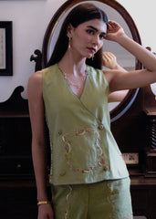 Sap green striped chanderi double breasted waistcoat and wide pants with delicate floral bels embroidery