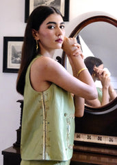 Sap green striped chanderi double breasted waistcoat and wide pants with delicate floral bels embroidery