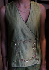 Sap green striped chanderi double breasted waistcoat and wide pants with delicate floral bels embroidery