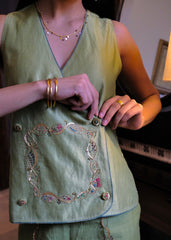 Sap green striped chanderi double breasted waistcoat and wide pants with delicate floral bels embroidery