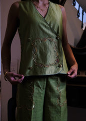 Sap green striped chanderi double breasted waistcoat and wide pants with delicate floral bels embroidery