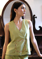 Sap green striped chanderi double breasted waistcoat and wide pants with delicate floral bels embroidery