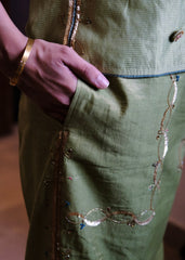 Sap green striped chanderi double breasted waistcoat and wide pants with delicate floral bels embroidery