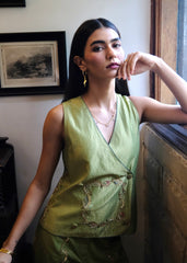 Sap green striped chanderi double breasted waistcoat and wide pants with delicate floral bels embroidery