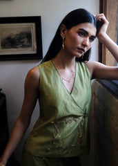 Sap green striped chanderi double breasted waistcoat and wide pants with delicate floral bels embroidery