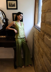 Sap green striped chanderi double breasted waistcoat and wide pants with delicate floral bels embroidery